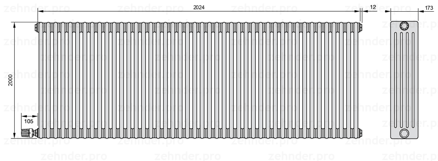 Схема (чертеж) Радиатор Zehnder Charleston 5200/44 №V003 Белый глянцевый RAL 9016